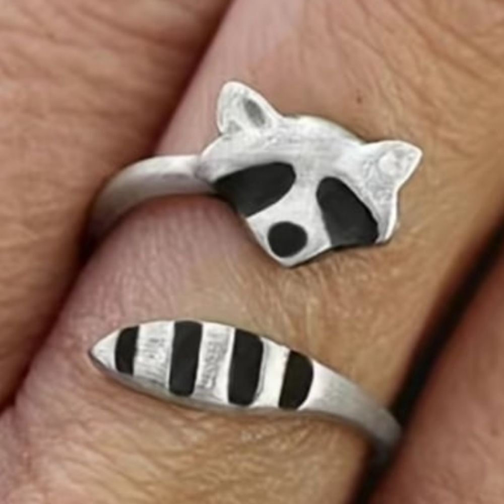Ladies Silver And Black Tone Raccoon Open Ring